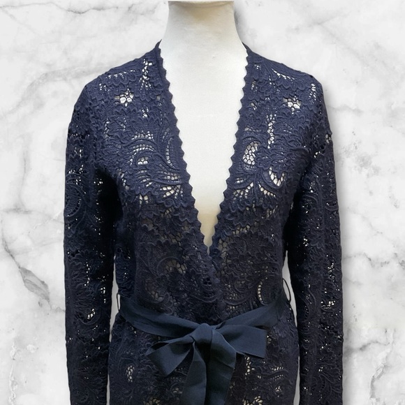 Carolina Herrera Belted Lace Cardigan Navy Blue Women's Sz M - Picture 2 of 7